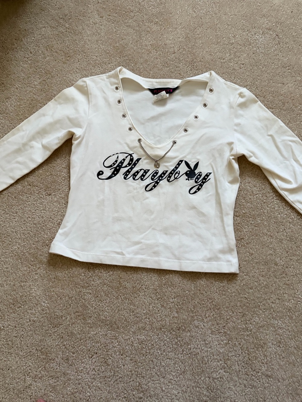2000s Playboy Ivory V‑Neck quarter Sleeve Top with Eyelet Detail